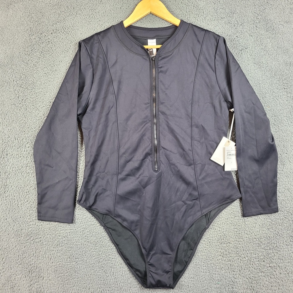 Good American Womens Long Sleeve Quarter Zip Bodysuit Black GSW0419 Size 7 NEW